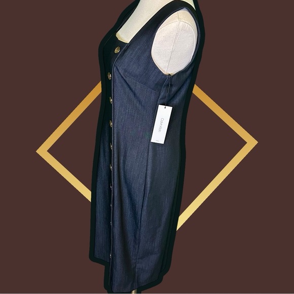 NWT Calvin Klein Navy Blue Chambray Asymmetric Gold Button Up Sheath Dress Sz 4 - Picture 7 of 16